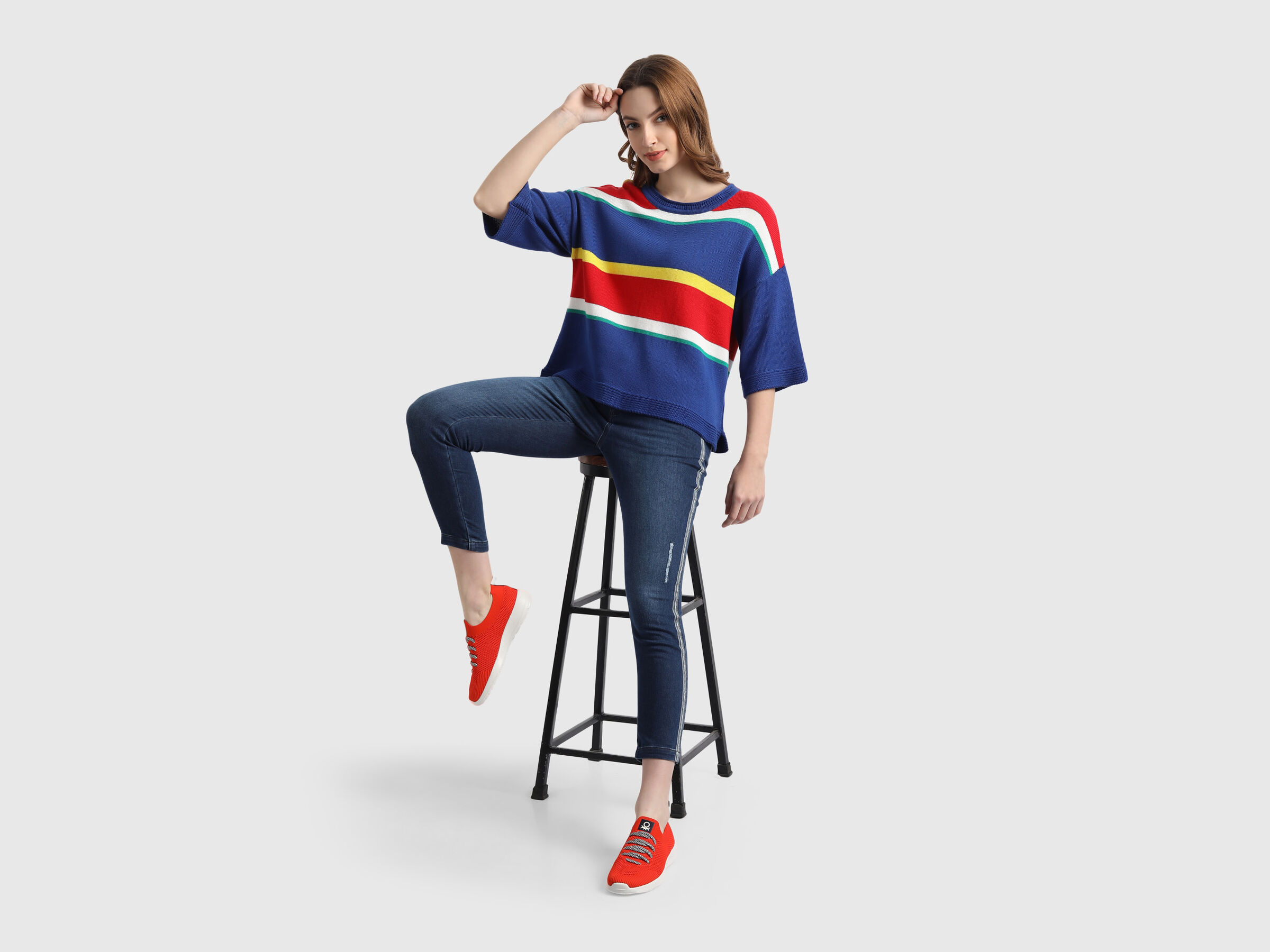 Stripe Tricot Sweater with Flared Sleeves image number 4