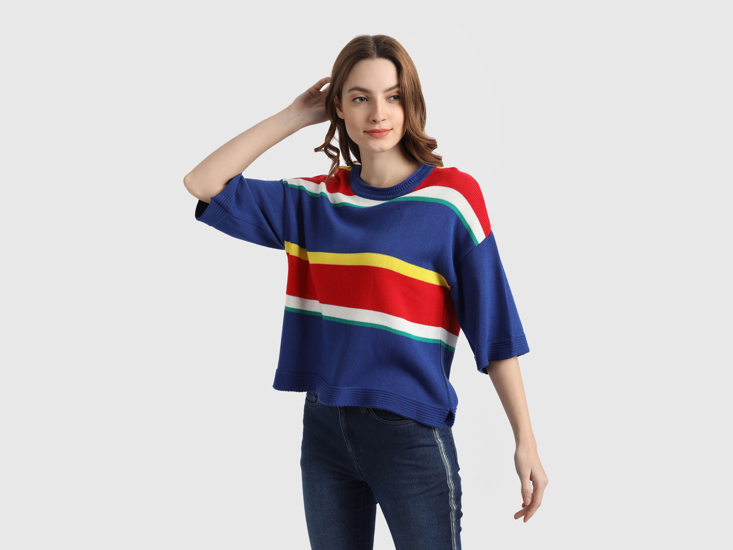 Stripe Tricot Sweater with Flared Sleeves image number 2