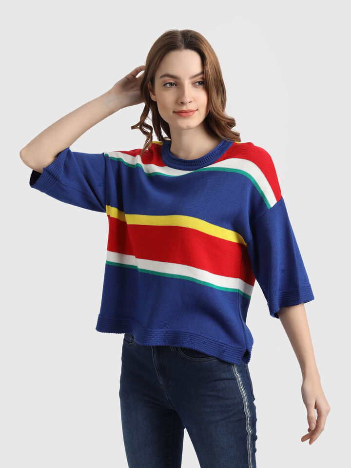 Stripe Tricot Sweater with Flared Sleeves image number 2