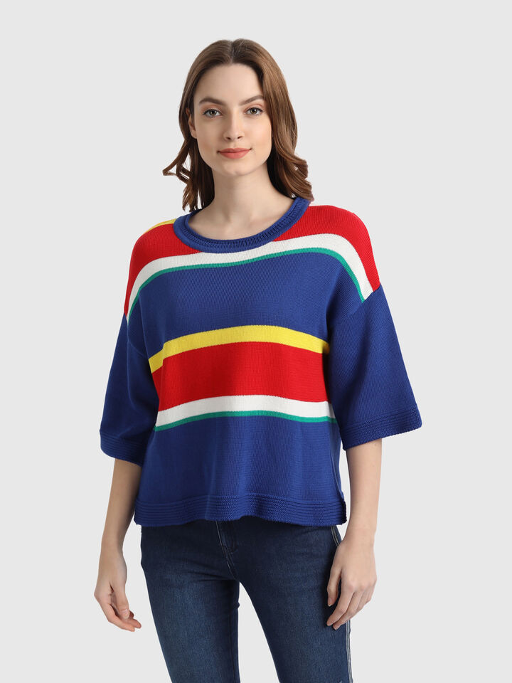 Stripe Tricot Sweater with Flared Sleeves image number 1