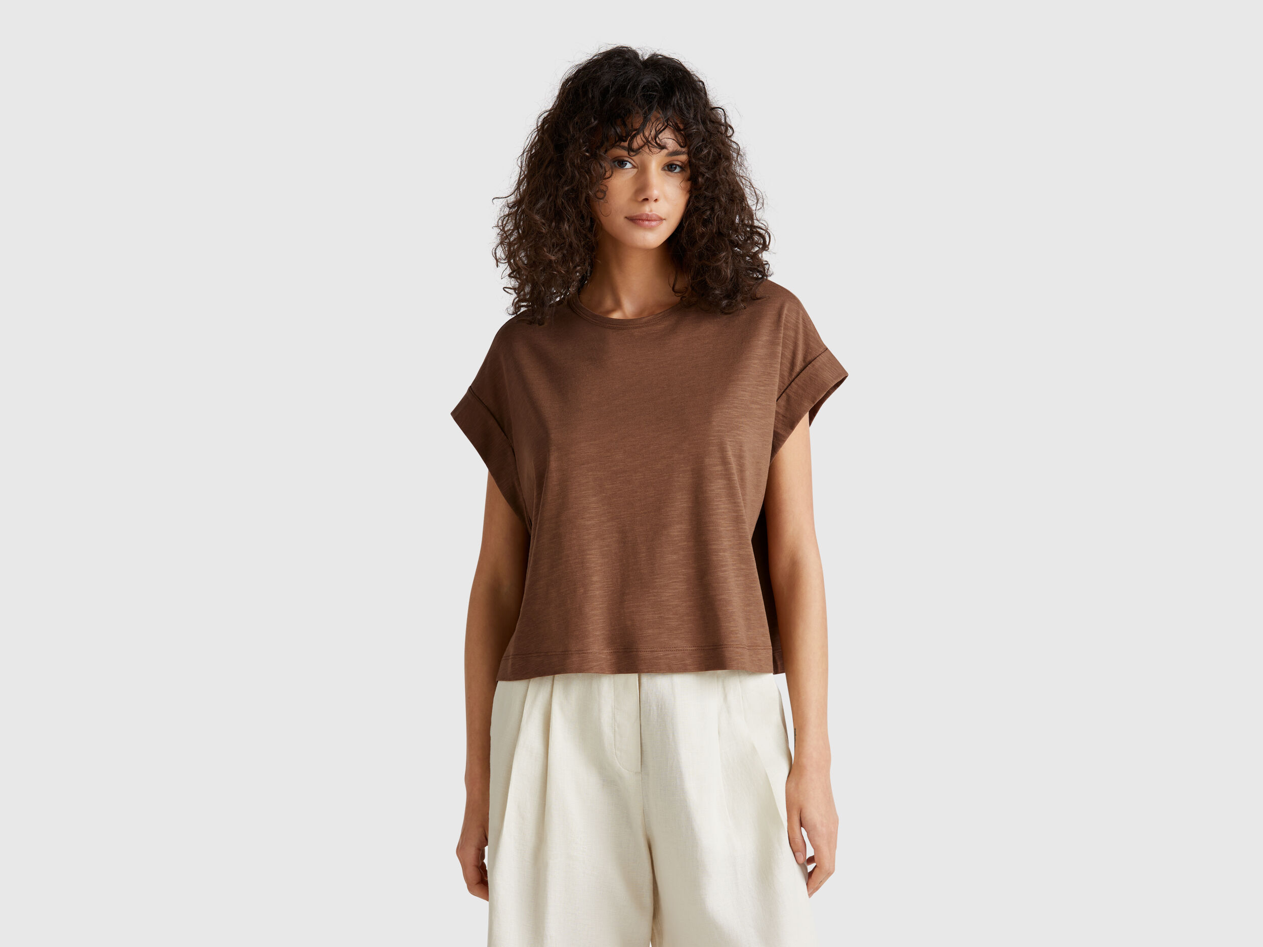 Boxy fit t-shirt - Brown | Benetton