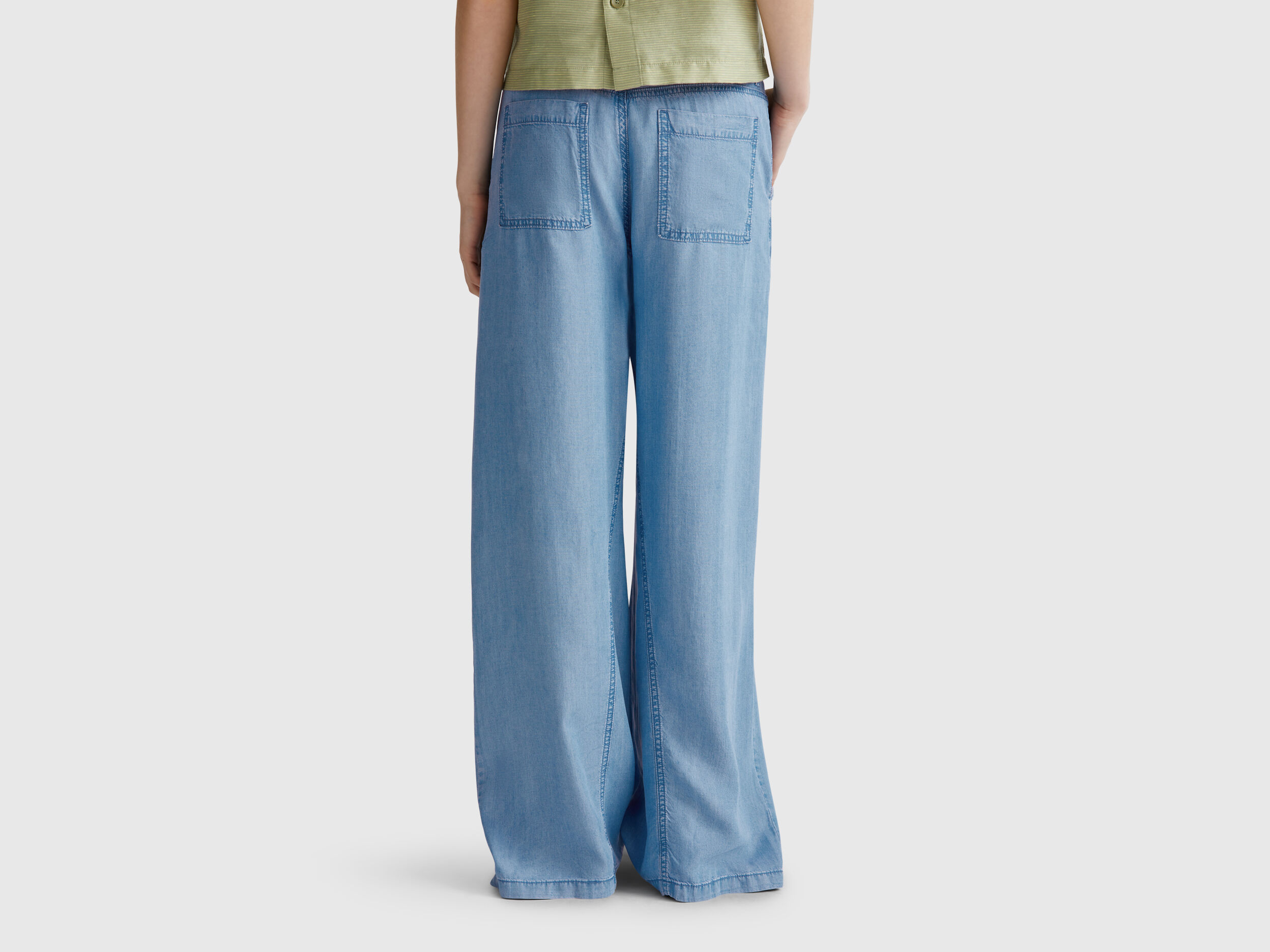 Wide trousers in chambray - Light Blue | Benetton