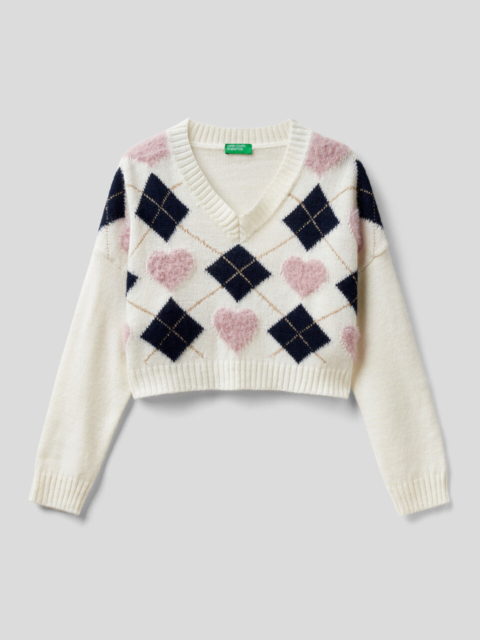 Cropped check sweater with hearts