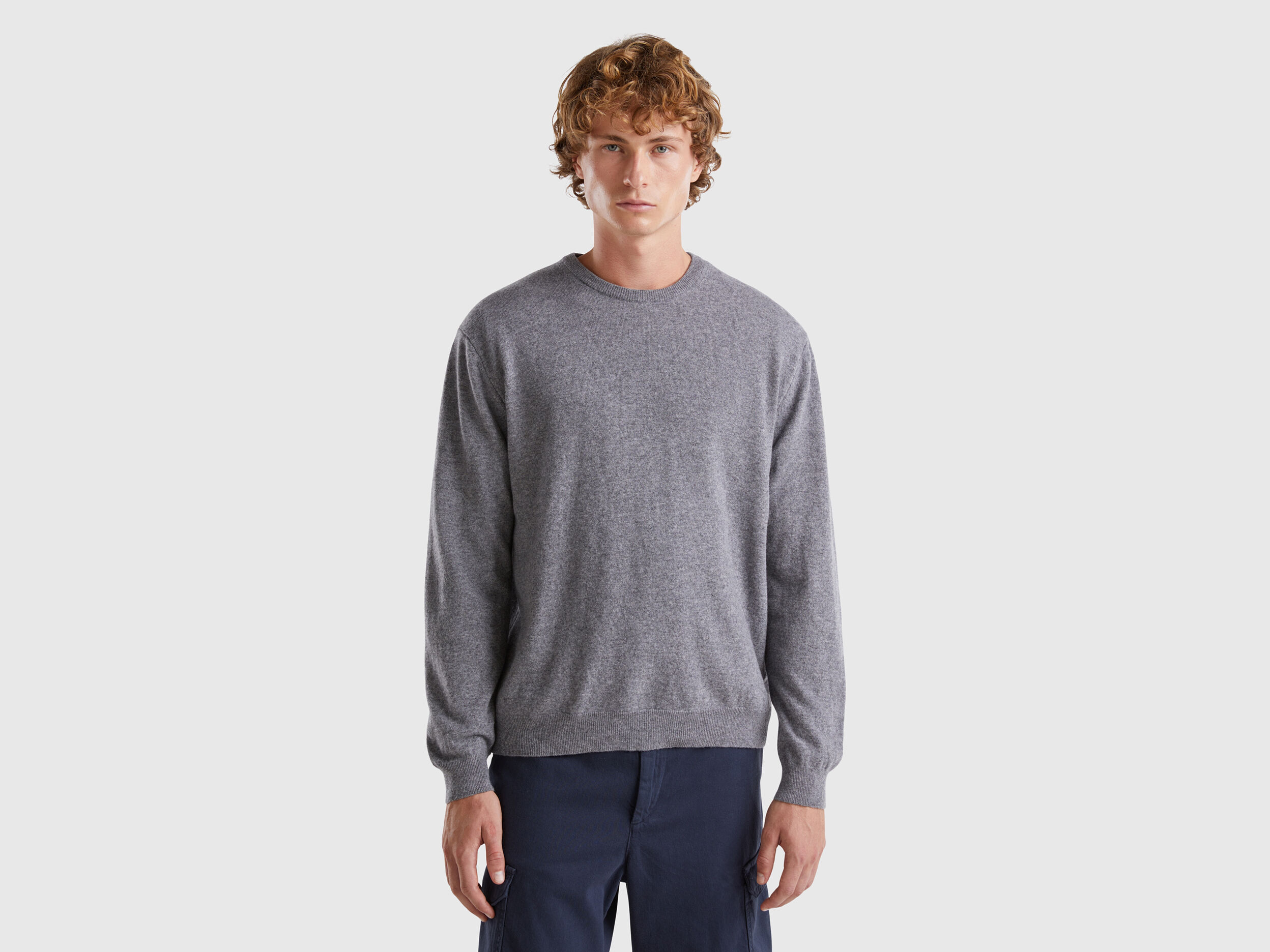 Dark gray crew neck sweater in pure Merino wool Dark Gray Benetton