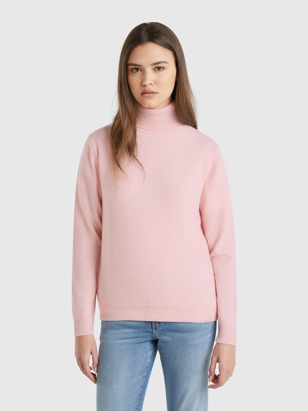 Powder pink turtleneck sweater in pure Merino wool Women