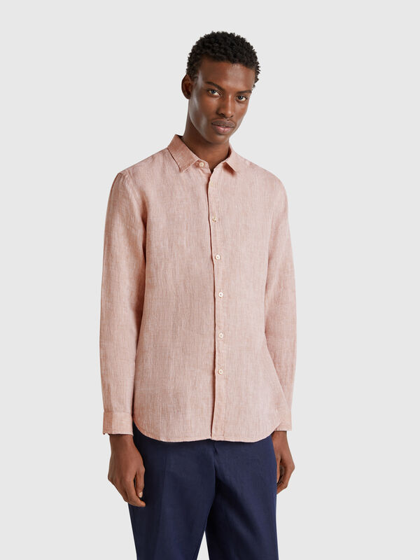 Beige patterned shirt in pure linen Men