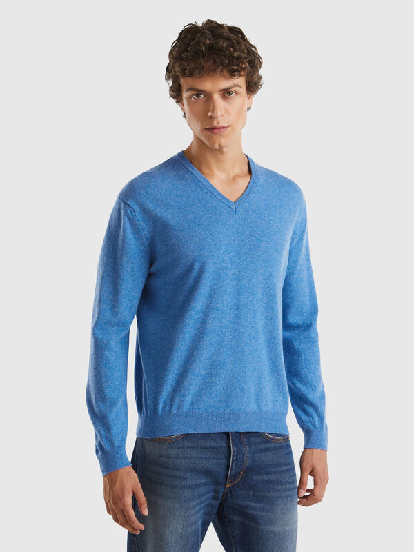 Blue mélange V-neck sweater in pure Merino wool Men