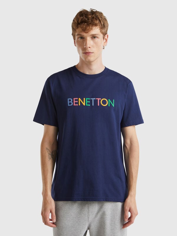 Dark blue t-shirt in organic cotton with multicolored logo Men