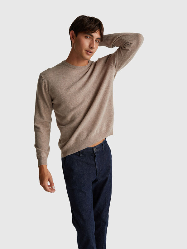Marl brown crew neck sweater in pure Merino wool Men