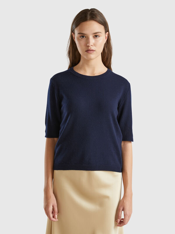 Dark blue short sleeve sweater in pure Merino wool Women