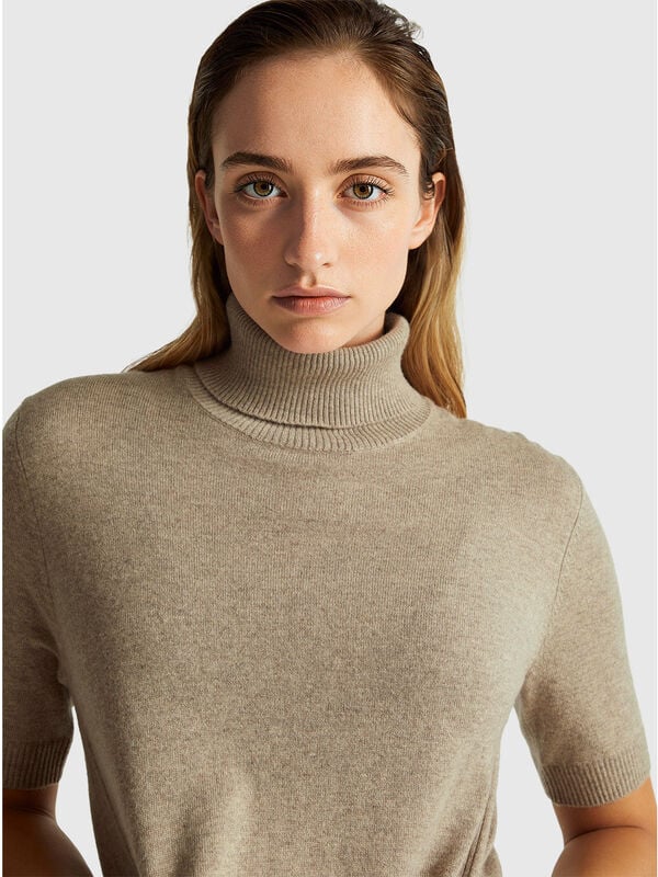 Beige short sleeve turtleneck in cashmere blend Women