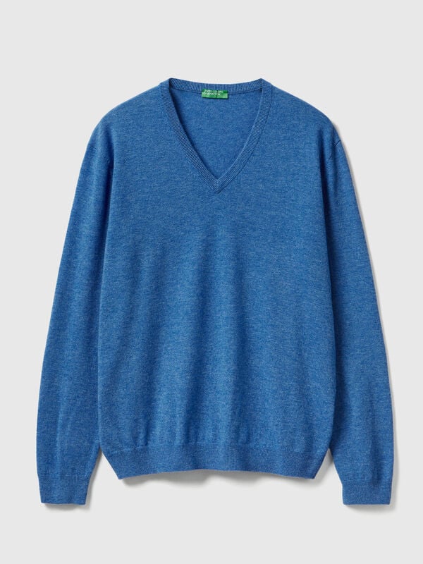 Blue mélange V-neck sweater in pure Merino wool Men