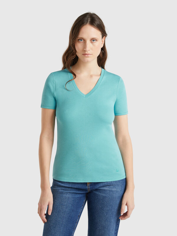 Aqua green pure cotton t-shirt with V-neck Women