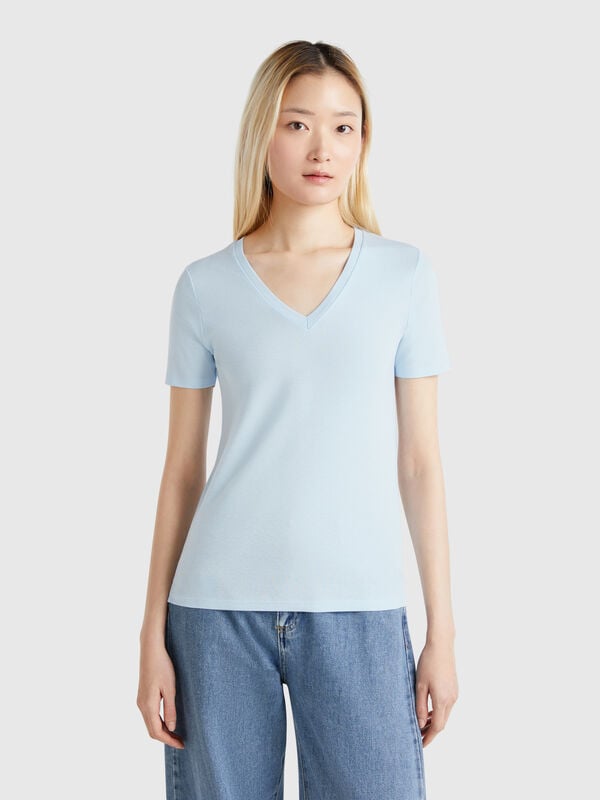 Sky blue pure cotton t-shirt with V-neck Women
