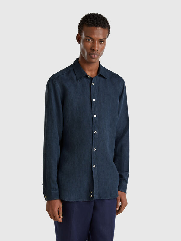 Midnight blue patterned shirt in pure linen Men