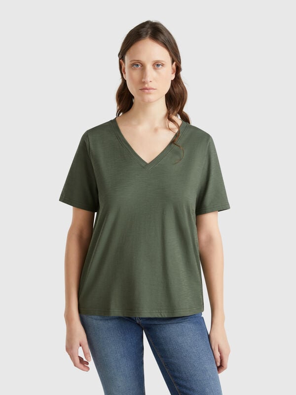 V-neck t-shirt in slub cotton Women