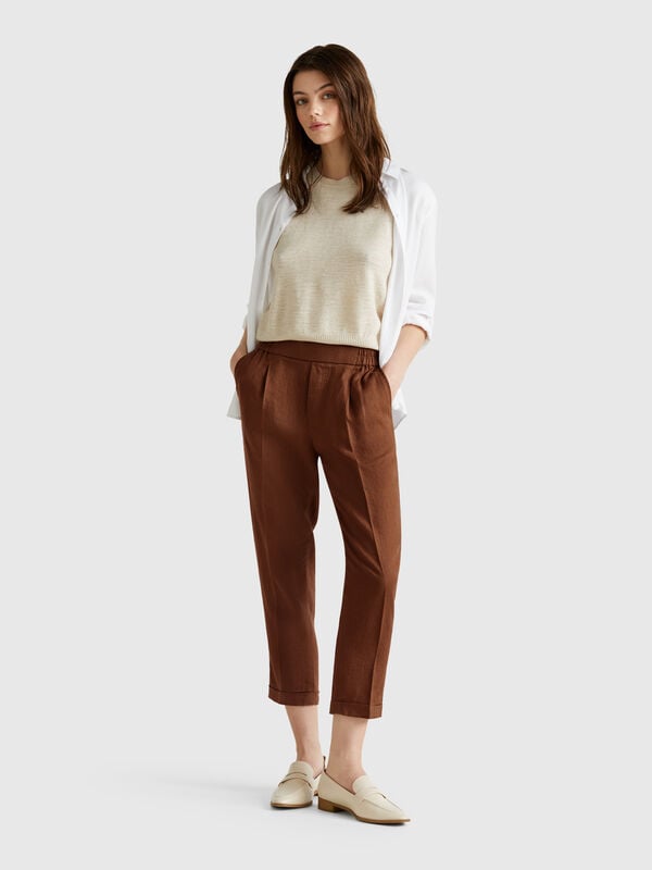 Cropped trousers in 100% linen Women