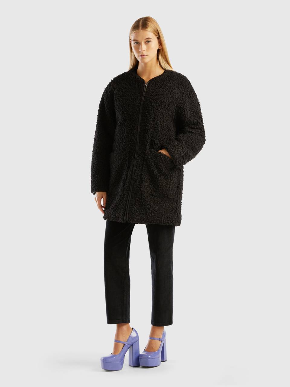 Faux fur teddy coat Black Benetton