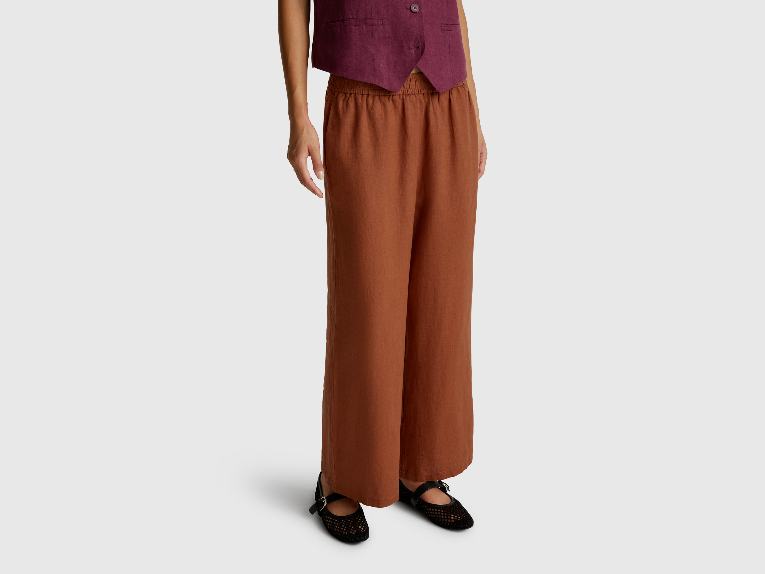 【MODERNIF】Burns Linen One Tuck Wide Slacks Wide leg trousers in pure linen - Burnt | Benetton